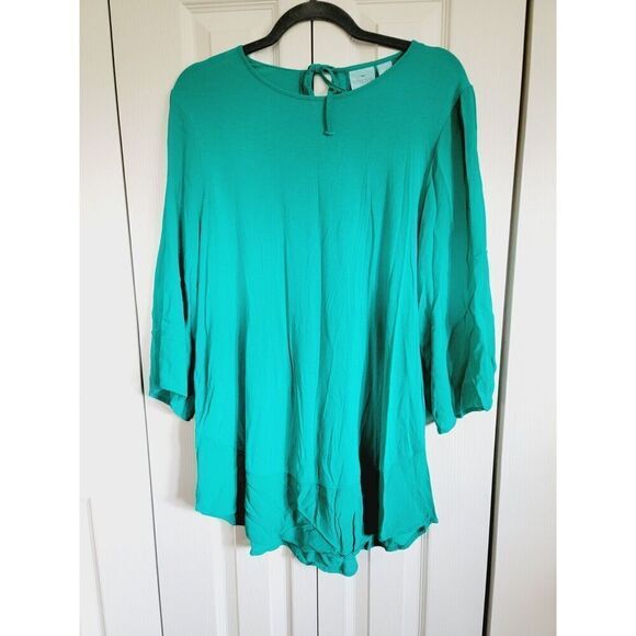 Chico's 2 Green Back Keyhole & Rear Tie Top‎ Size Large LS Round Neck Tunic - Picture 1 of 6